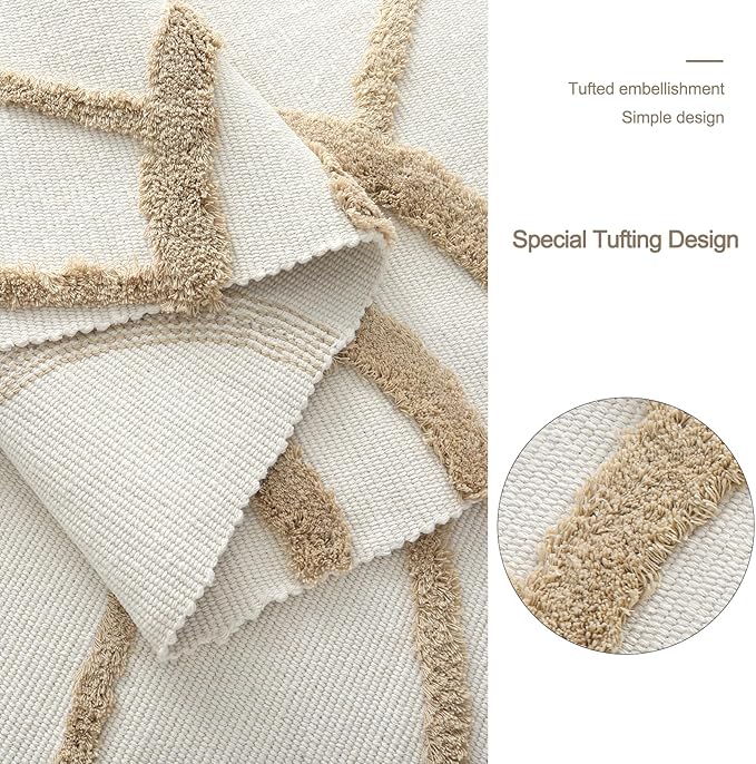 OJIA Boho 4'X6' Washable Rug, Cotton Tan Bedroom Rug Bohemian Area Rugs for Living Room/Kids Room, Tufted Sun Rug Nursery Rug Modern Farmhouse Floor Carpet for Bedside/Dorm