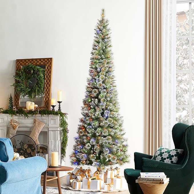 Glitzhome 9ft Prelit Christmas Tree, Artificial Christmas Trees, Portland Cashmere Pine Pencil Tree with 350 Warm White/Multi-Color C3 Clear LED Lights, 9 Function w/Remote Control, Easy Assembly