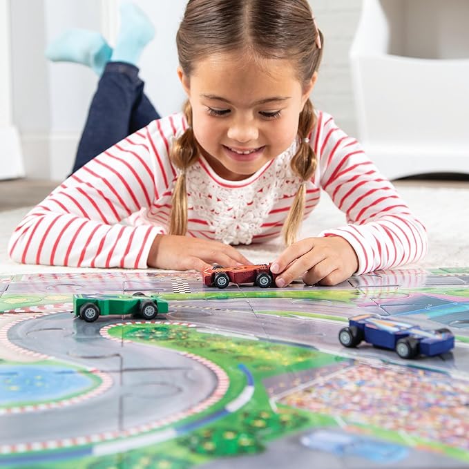 Peaceable Kingdom Puzzle & Play: Race Day - Floor Puzzle for Kids Ages 3 and Up - Includes 3 Wooden Vehicles to Zoom Around The Race Track Puzzle for a Double Dose of Fun - Measures 26” x 36”
