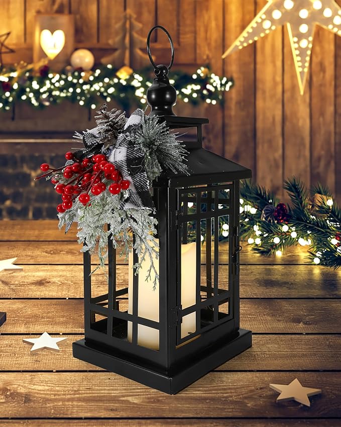 iStatue Metal Black Christmas Lantern with Flameless Candle, 14'' Modern Farmhouse Decor Festive Holiday Rustic Home Gifts for Indoor/Outdoor (Xmas)