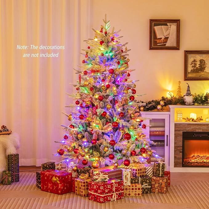 GOFLAME 6ft Pre-Lit Christmas Tree Snow Flocked, Hinged Artificial Xmas Tree with 820 Branch Tips, 260 Multi-Color LED Lights, 8 Lighting Modes, Holiday Decoration Tree for Home Office Party