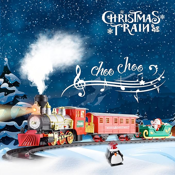 Electric Toy Train Set Around Christmas Tree, Classical Locomotive Engine w/Smokes, Lights & Sounds, Santa Claus Figure as Decoration, Gift for Kids Ages 3 and Up Boys Girls Toddler Children Presents