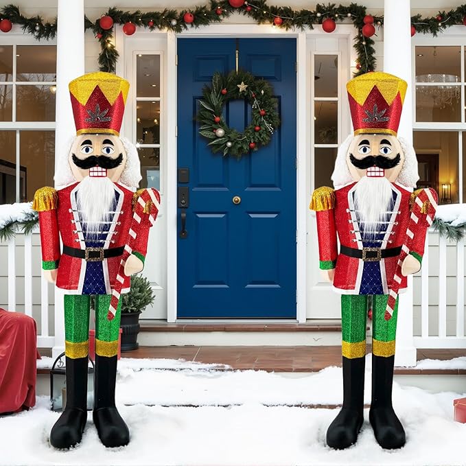 5FT Outdoor Christmas Lighted 3D Nutcracker with Candy Cane,100 LEDs Lighted-up,Outdoor Lighted Holiday Displays with Stakes & Zip Ties for All-Weather Christmas Yard Decoration, Porch, Lawn