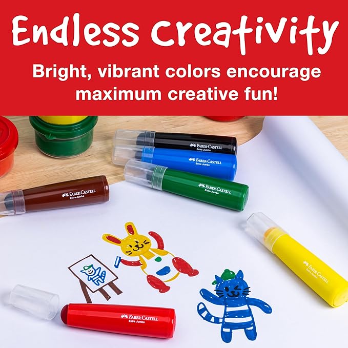 Faber-Castell Little Creatives Extra Jumbo Ultra Washable Markers for Kids - 6 Colors, Back to School Supplies, Art Supplies for Kids Toddlers, Preschool (Ages 3+)