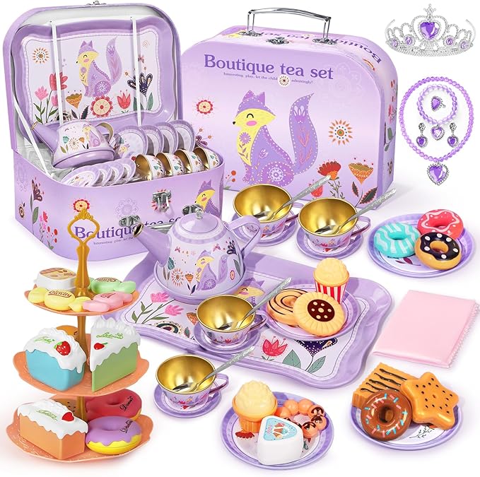 Tea Party Set for Little Girls, 49PCS Princess Tea Time Toy Including Tea Set Dessert Carrying Case, Kids Kitchen Pretend Playset, 3-8 Years Old Girls Boys Toddler Toys Birthday