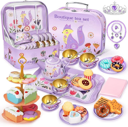 Tea Party Set for Little Girls, 49PCS Princess Tea Time Toy Including Tea Set Dessert Carrying Case, Kids Kitchen Pretend Playset, 3-8 Years Old Girls Boys Toddler Toys Birthday