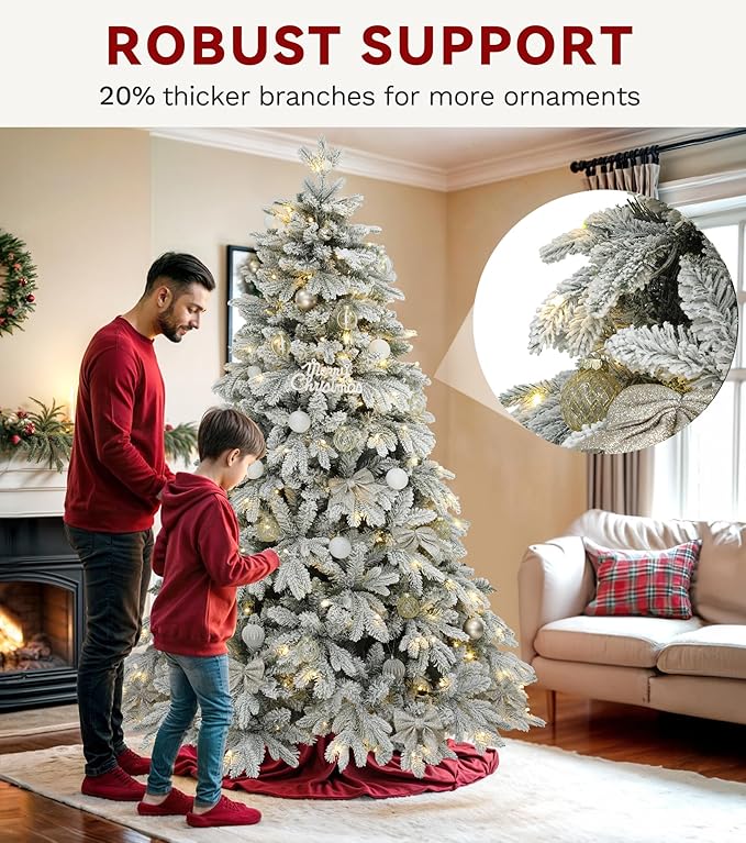 DWVO 6ft Pre-Lit Snow Flocked Artificial Christmas Tree, Luxurious Canaan Fir Design with 1225 PE & PVC Branch Tips, 260 Lights for Colorful Home and Office Holiday Decoration