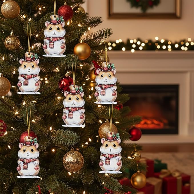 6Pcs Christmas Hamster Acrylic Ornament, Cute Animal Hanging Decorations for Christmas Tree, Holiday Home Decor