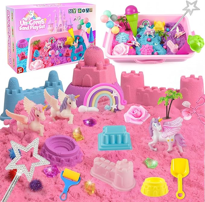 MYDOVA Unicorn Sensory Bin for Girl, Magic Sand Art Kit for Boys and Girl with Sandbox, Castle Molds, 2.18lb 3 Color Sand, Best Unicorn Toy Kits Christmas Birthday Gift for Toddler Ages 3+