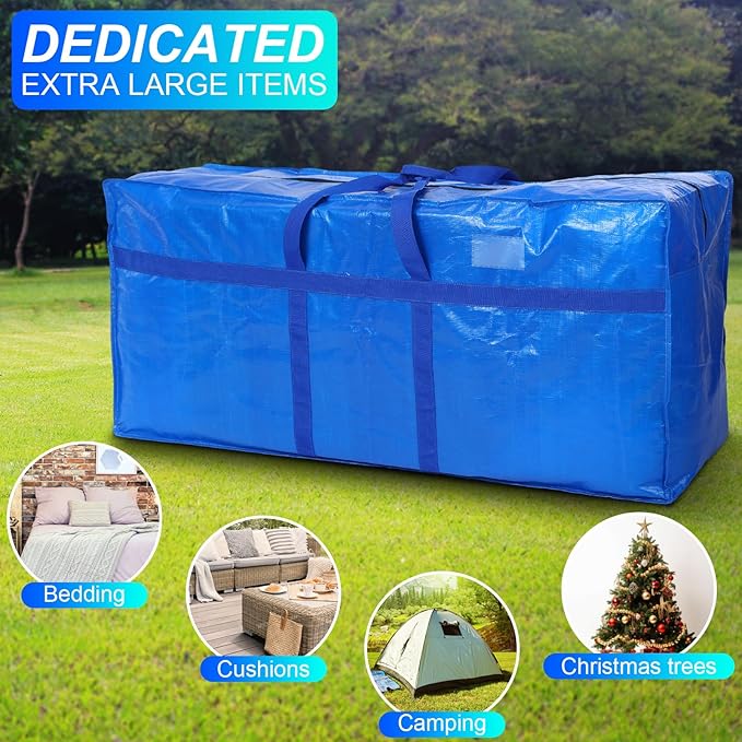 Windyun 4 Pack 69 Gallon Extra Large Storage Bags XXL Moving Bags with Zipper Handles Heavy Duty Jumbo Big Totes Box for Halloween Skeleton 4-12 Feet Christmas Tree Storage College Dorm Cloth (Blue)