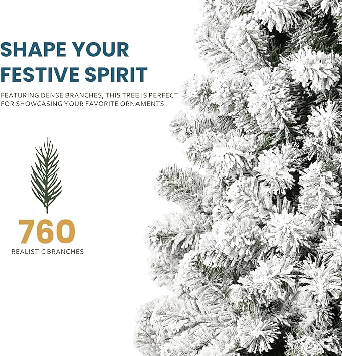 Kadunmina 6ft Artificial Christmas Tree, Premium Unlit Hinged Snow Flocked Xmas Tree with 760 Branch Tips, Realistic Holiday Full Trees with Foldable Metal Stand for Home, Office,Green & White