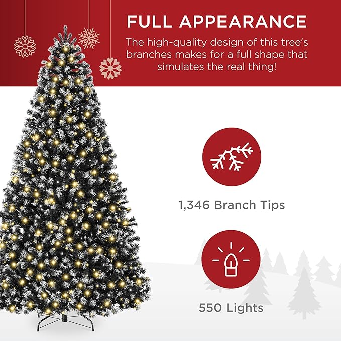 Best Choice Products Artificial Frosted Christmas Tree, 7.5ft Premium Pre-Lit Realistic Spruce Holiday Décor w/Dense Branches, Metal Base – Black Spruce