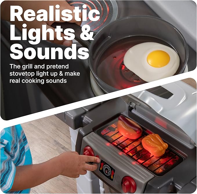 Step2 Grand Walk-in Kitchen & Grill Kids Playset, Indoor/Outdoor Kitchenette, Interactive Play with Lights and Sounds, Durable Plastic, 103 Piece Toy Accessories, Toddlers 2+ Years Old, Gray/White