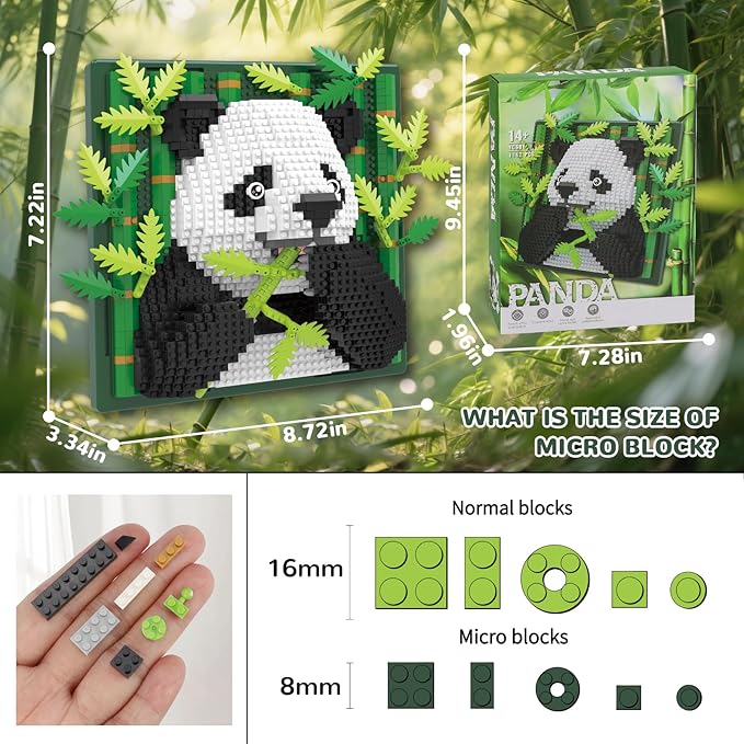 Panda Animal 3D Wall Art Micro Mini Building Blocks Set, Unique Home Wall Decor or Table Display, No Compatible with Lego Set, Ideal Gift Toy for Adults & Teens (1142 PCS)