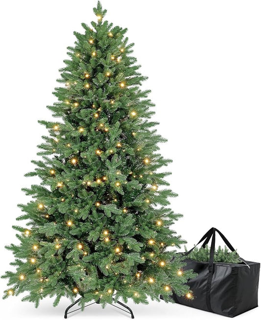 6ft Christmas Tree Prelit w/ 2085 PE & PVC Mixed 'Feel Real' Branch Tips, 400 Warm LED Lights, Hinged Spruce Artificial Xmas Tree with Metal Stand & Bag for Home, Office, Party Décor