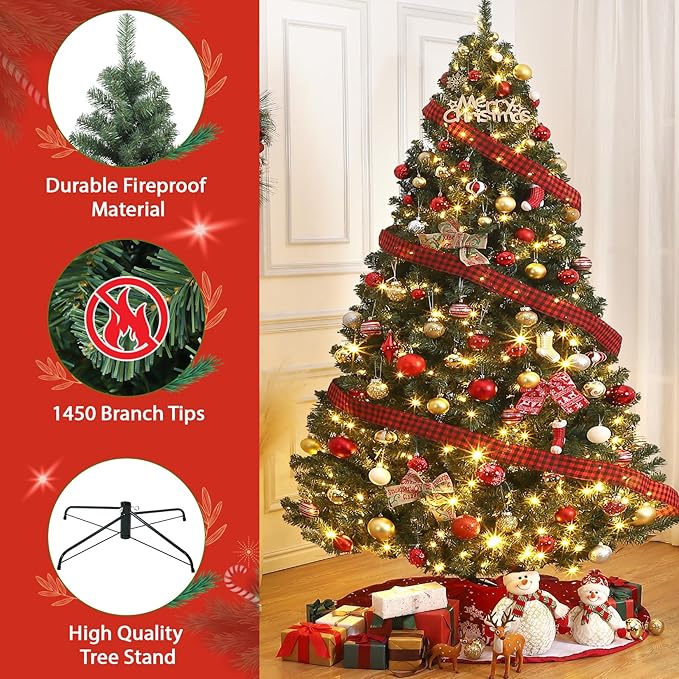 GAOMON 7.5FT Premium Spruce Artificial Holiday Christmas Tree for Home, Office, Party Decoration w/ 1,450 Branch Tips, Easy Assembly, Metal Hinges & Foldable Base