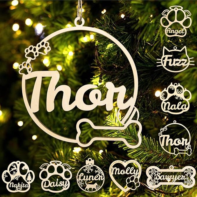 Personalized Dog Cat Paw Ornament Christmas, Custom Pet's Name Ornament, Customized Wooden Dog Paw Bone Ornaments for Christmas Tree