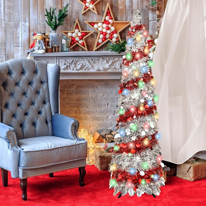 5FT Christmas Trees with 90 Lights, Collapsible Artificial Sequin Pop Up Christmas Tree, Tinsel Slim Pencil Christmas Tree for Home Holiday Fireplace Party Indoor Outdoor Xmas Decorations (Sliver&Red)