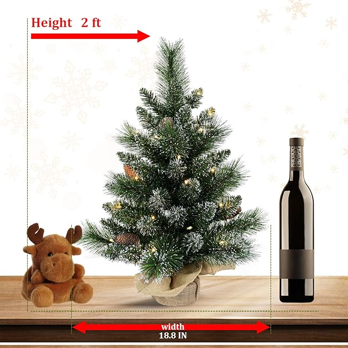 Pre-lit Artificial Mini Christmas Tree, 2ft Snow Tipped Pine Artificial Small Christmas Tree, Includes 30 Led Warm Lights, Seasonal Indoor Home Tabletop Decor with Decorative Burlap Base