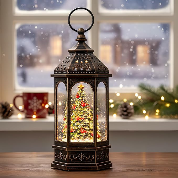 Lighted Christmas Tree Cardinal Music Snow Globe Water Lantern with Swirling Glitter Decoration for Christmas Home, Living Room, Battery Operated or USB Powered