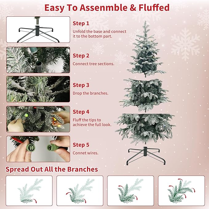 Prelit Christmas Tree 6ft, Artificial Snow Flocked Christmas Tree with 210 Lights, PE & PVC Mixed Layered Tree with Metal Stand, Xmas Tree for Holiday Home Decor