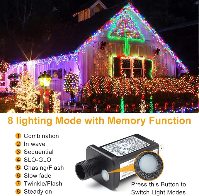 Haili 105FT 300 LED Christmas Lights Outdoor Waterproof, 8 Mode Connectable String Lights for Christmas Tree, Wedding, Party, Patio, House Christmas Decoration(Multi-Colored)