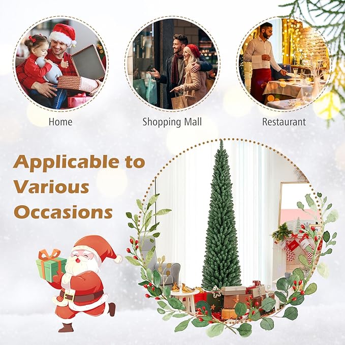 GOFLAME 8FT Pencil Christmas Tree, Slim Artificial Xmas Tree with 671 Memory Wire Branch Tips & Upgraded Metal Stand, Seasonal Holiday Decoration Tree for Home Office Party