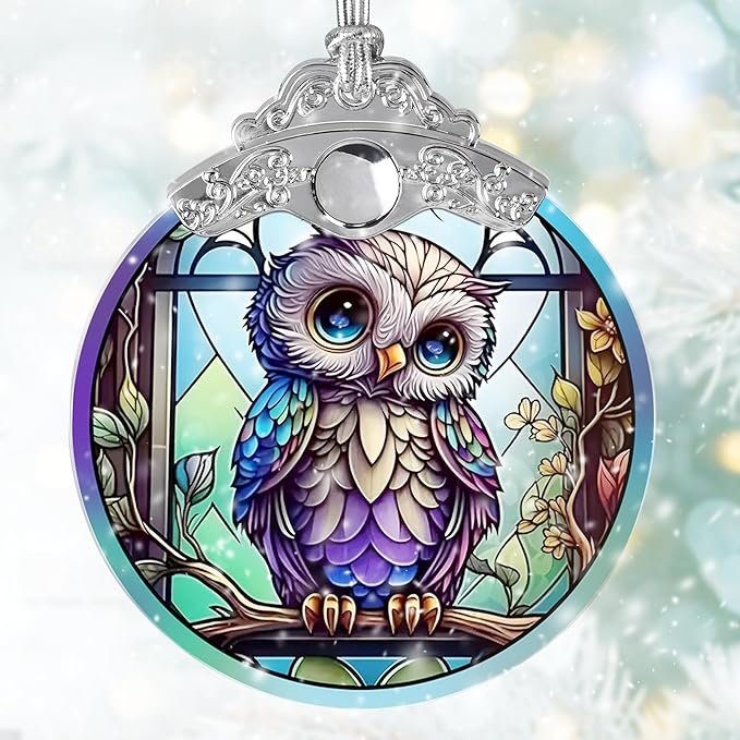 Owl Stained Glass Suncatcher and Christmas Ornament - Holidays Decor for Owl Lovers