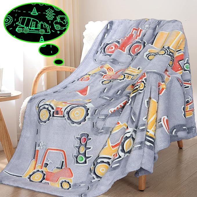 Glow in The Dark Blanket Boys Gifts for Kids Fuzzy Cozy Warm Soft Fleece Glowing Tractor Blankets for Bed Sofa Couch Unique Gifts Construction Truck Throw Blanket for Boys Teens 50"×60"