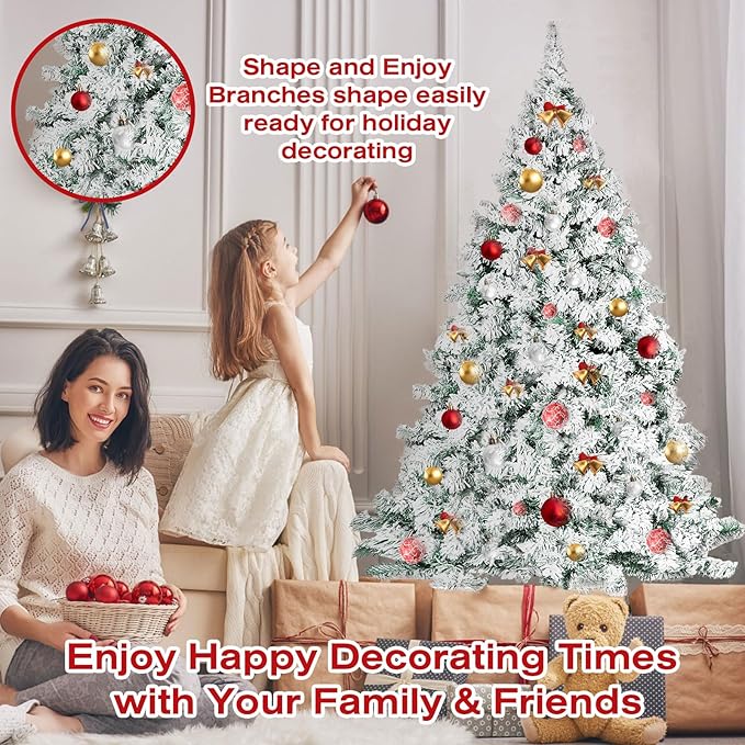 6ft Premium Hinged Artificial Holiday Christmas Tree for Home, Office, Party Decoration Snow Flocked Xmas Pine with 1,000 Branch Tips, Easy Assembly, Metal Hinges & Base (White)