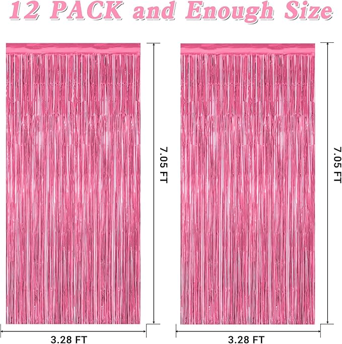 12 Pack Pink Backdrop, 3.28 FT x 7.05 FT Foil Fringe Curtains, Metallic Pink Tinsel Curtain Party Streamer Birthday Backdrop for Girl, Brithday Decorations Bachelorette Party Supplies