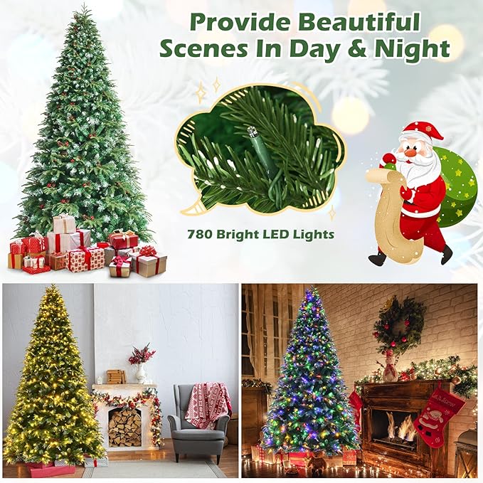 GOFLAME 9ft Pre-Lit Artificial Christmas Tree, Realistic Xmas Tree w/ 2599 Branch Tips, 780 Multi-Color LED Lights, 63 Pinecones & Red Berries, Pine Tree w/ 11 Flash Modes for Holiday Decoration