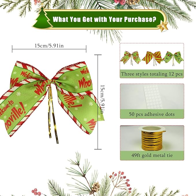 12Pcs Red Green Christmas Bows for Tree, 6 Inch Christmas Tree Bows with Adhesive Dots and Metal Tie, 3 Style Christmas Ornaments for Door Wreaths, Indoor Mantel, Gift Wrapping Decor