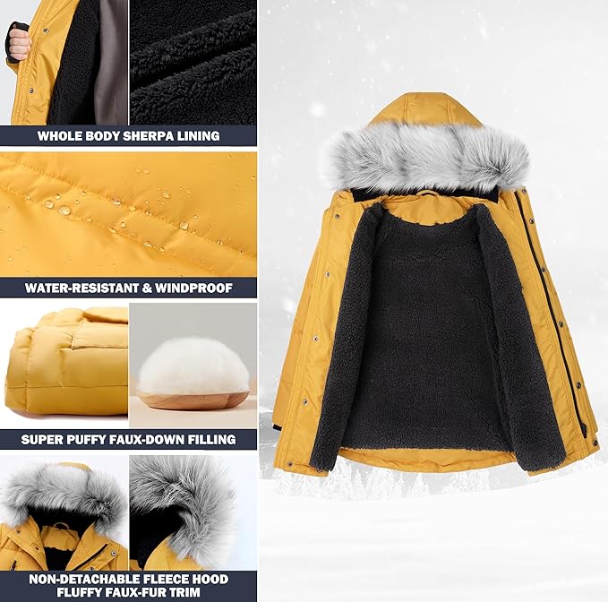 maoo garden Boys Puffer Winter Coat Big Kids Heavyweight Sherpa Lined Fur Hooded Jacket Water-Resistant Snow Parka