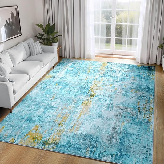 Ompaa Living Room Rug 5x7 Teal Blue Area Rug Machine Washable Boho Rug Non Slip Abstract Vintage Indoor Large Rugs for Bedroom, Classroom, College Dorm, Farmhouse, Dining Room, Kids Playroom