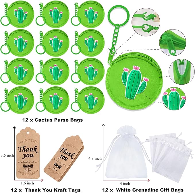 36 Pack Cactus Change Purses Set Include 12 Wallets with Keyring, 12 Thank You Tags and 12 Organza Bags for Cactus Tropical Mexican Western Desert Hawaiian Summer Party Decoration,Green