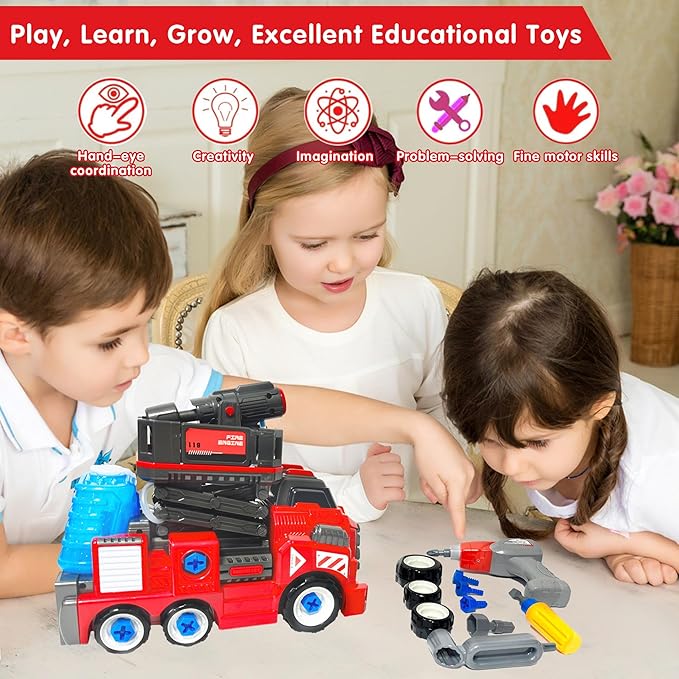 11inches Large Take Apart Toys Fire Truck for Boys Girls Kids 3-5 6-8 Year Old Fire Rescue Vehicles with Electric Drill Set Assembly Toy Learning Educational Toys