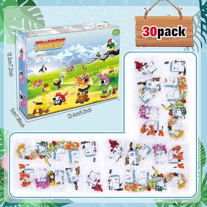 Party Favors for Kids- 30 Pack Animals Building Blocks Set, Goody Bags Stuffers, Small Toys for Kids Prizes, Christmas Birthday Party Favors Return Gifts for Boys Girls Age 6-8-12+