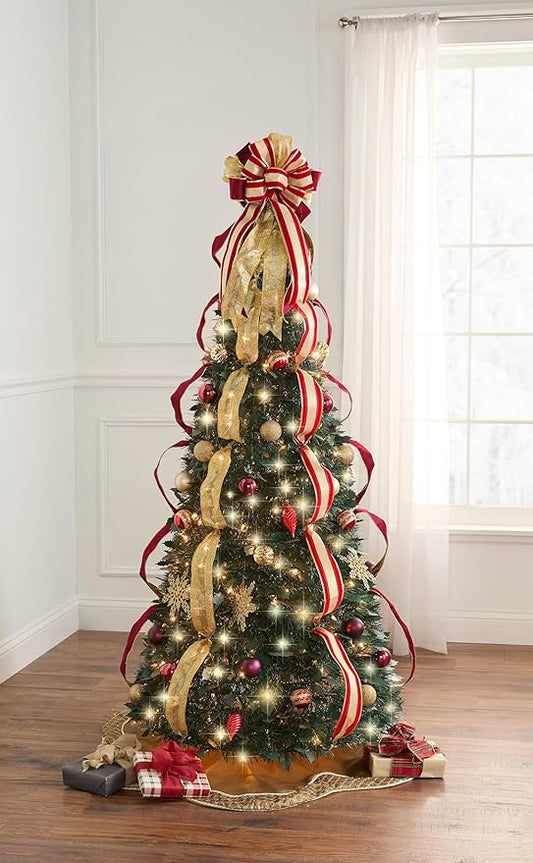 BrylaneHome 6 Ft Fully Decorated Pre-Lit Pop-Up Christmas Tree with 350 Warm Lights & Included Stand, Collapsible, Easy Assembly - Burgundy Gold