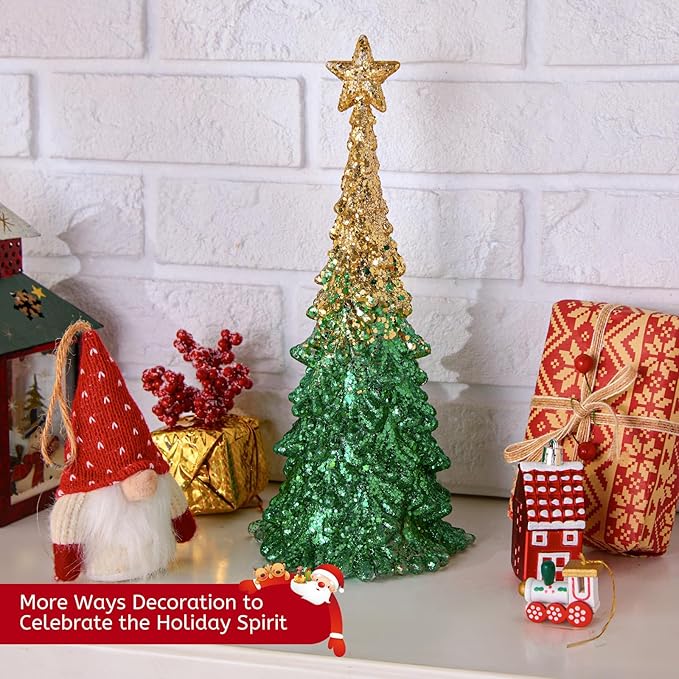 11 Inch Tabletop Christmas Tree with Sparkling Glitter - Battery Operated Acrylic Lighted Christmas Tree for Home Office Fireplace Christmas Holiday Decoration Festive Decor Gift, Warm White Glow