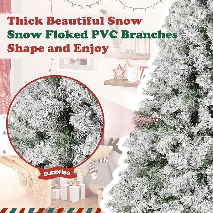 7FT Premium Artificial Christmas Tree, Snow Flocked Hinged Pine Tree with Solid Metal Stand for Outdoor and Indoor Holiday Decor