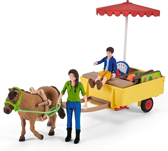 Schleich Farm World — Sunny Day Mobile Farm Stand Playset, Farm Play Set with Farmer Dolls, Horse and Mobile Produce Stand, Farm Animal Toys for Kids Ages 3+