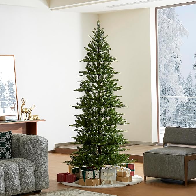 Glitzhome 7.5ft Artificial Prelit Christmas Tree, Cascade Evergreen Slim Christmas Tree with 350 Strawberry Lights,998 PE&PVC Tips, 9 Functional Warm White/Multi-Color, Remote Controller