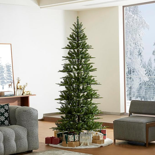 Glitzhome 7.5ft Artificial Prelit Christmas Tree, Cascade Evergreen Slim Christmas Tree with 350 Strawberry Lights,998 PE&PVC Tips, 9 Functional Warm White/Multi-Color, Remote Controller