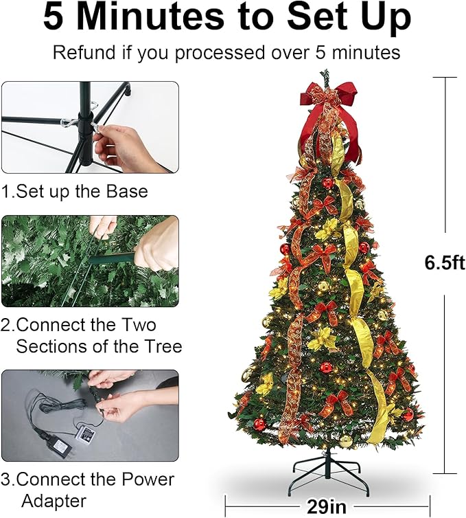 6.5FT Pop Up Christmas Tree with Lights and Decorations & Remote & Timer, Prelit Fully Decorated Pull Up Artificial Christmas Tree with Christmas Ball Ornaments Bows Ribbons for Christmas Party Decor