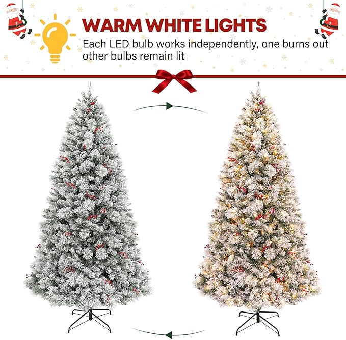 7.5ft Lighted Snow Flocked Christmas Tree, Artificial Christmas Tree with 450 Warm White LED Lights, 1446 Branch Tips, Hinged Design & Metal Stand for Holiday, Decor