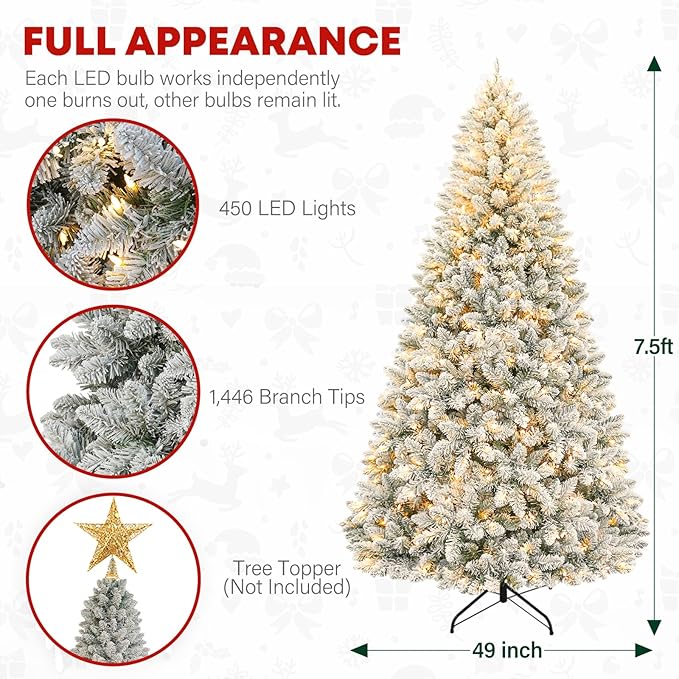 7.5 ft Snow Flocked Christmas Tree, Artificial Holiday Christmas Tree with 450 Warm White Lights, 1446 Frosted Tips, Metal Stand & Hinged Branches, Easy Assembly for Indoor Decorating