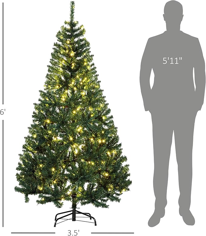 HOMCOM 6' Tall Prelit Christmas Tree Douglas Fir Artificial Christmas Tree with Realistic Branches, 250 Warm White LED Lights and 1000 Tips, Green