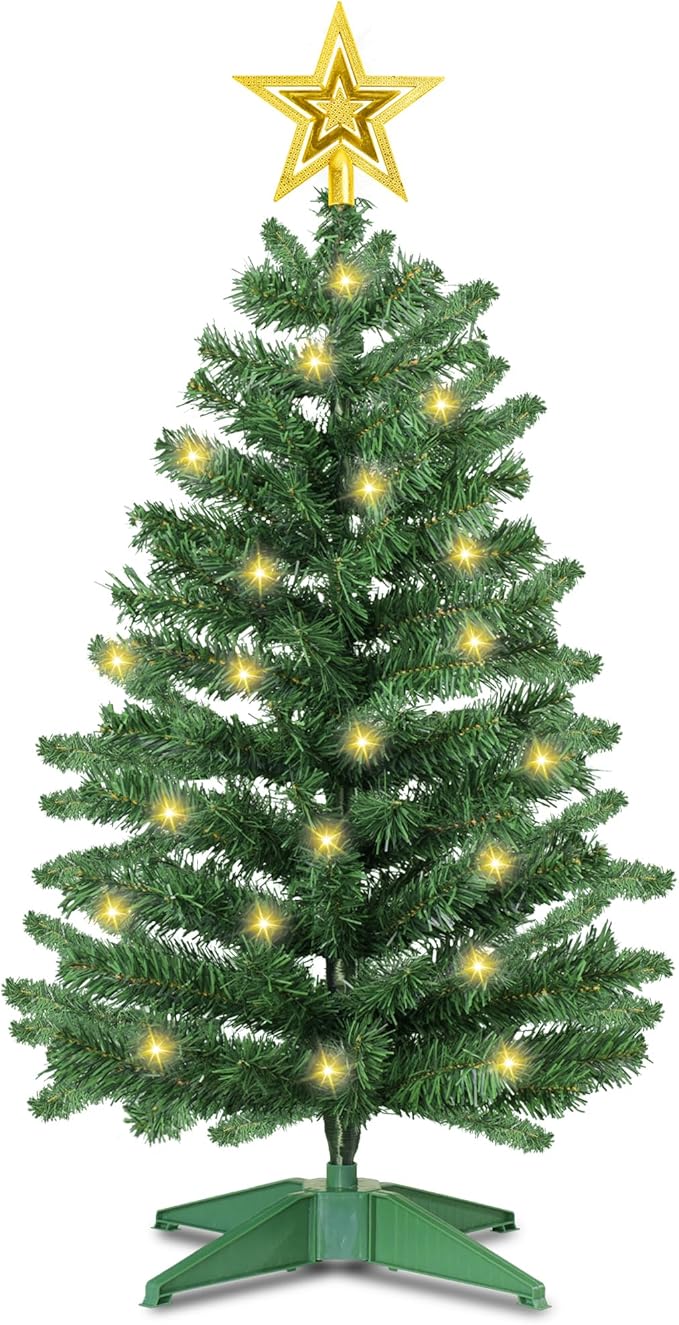 3 Ft Green Christmas Tree with Lights, Timer 8 Modes 50 Warm White Lights Battery Operated Small Artifical Full Christmas Tree for Tabletop Home Office Indoor Outdoor Xmas Holiday Party Decorations