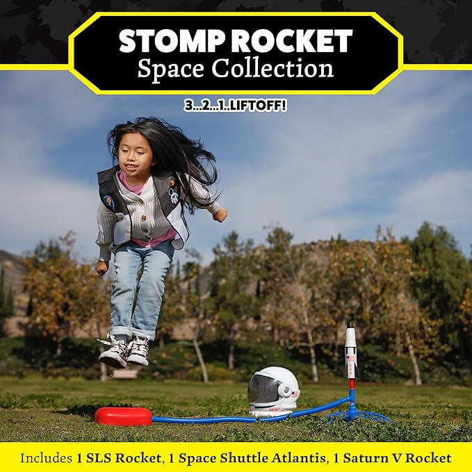 Stomp Rocket Space Collection Rocket Launcher for Kids, 3 NASA Rockets - Backyard & Outdoor Fun Toy Gift for Boys & Girls - STEM Soft Foam Blaster Set Soars Up to 100 Feet - Ages 5 & Up